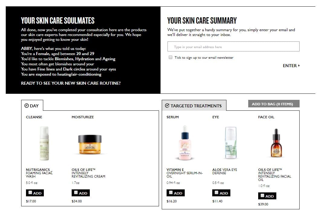 The Body Shop Skin Care routine advisor final results