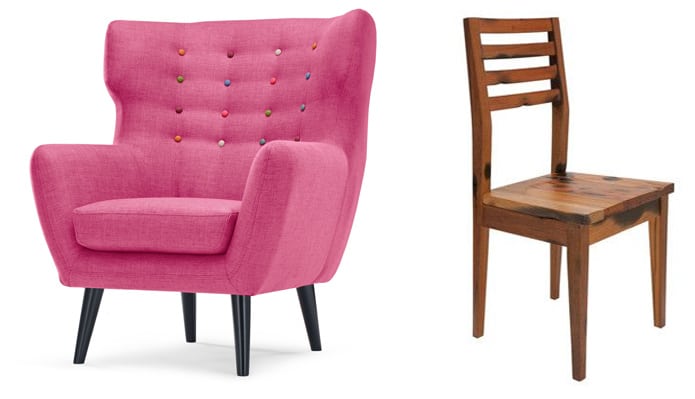 upholstered armchair and wooden chair