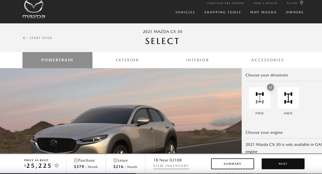 Example of custom digital configuration for cars by Mazda.