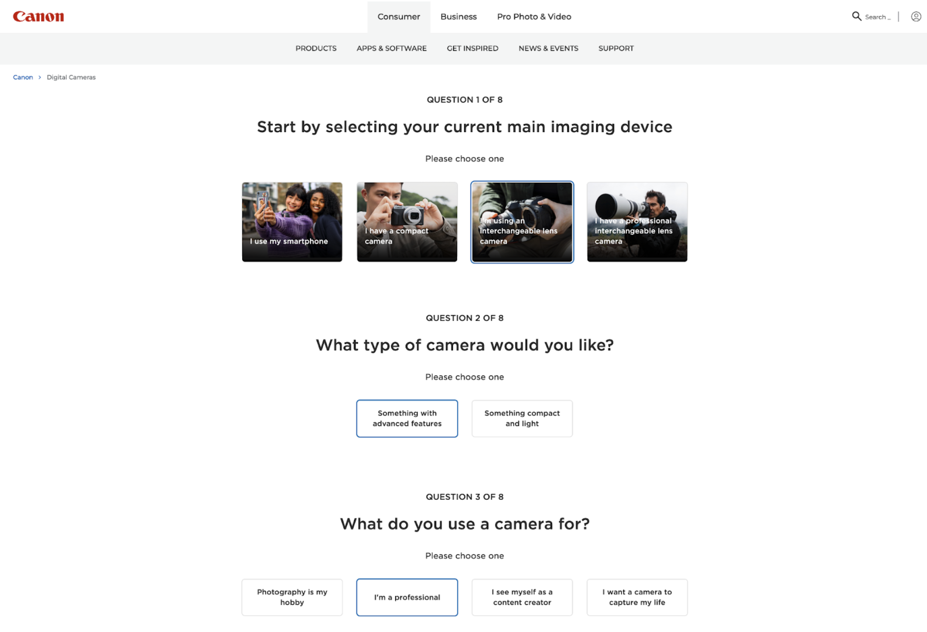 Canon camera guided selling