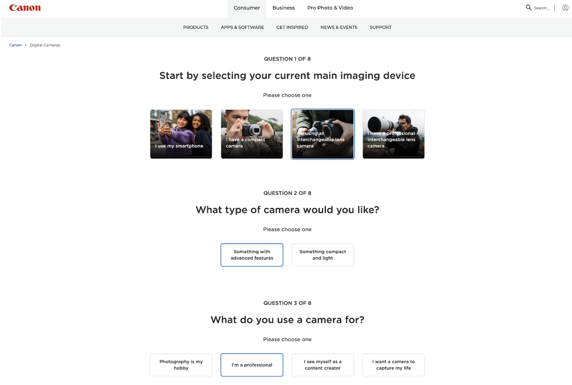 Canon question screen